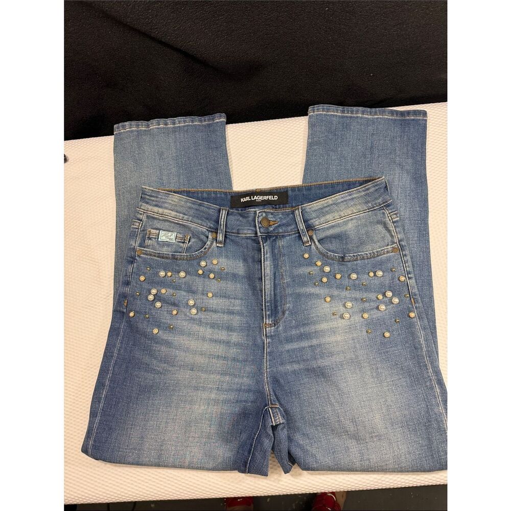 Karl Lagerfeld Paris Light Wash Pearl Studded Straight Leg Jeans Size 10